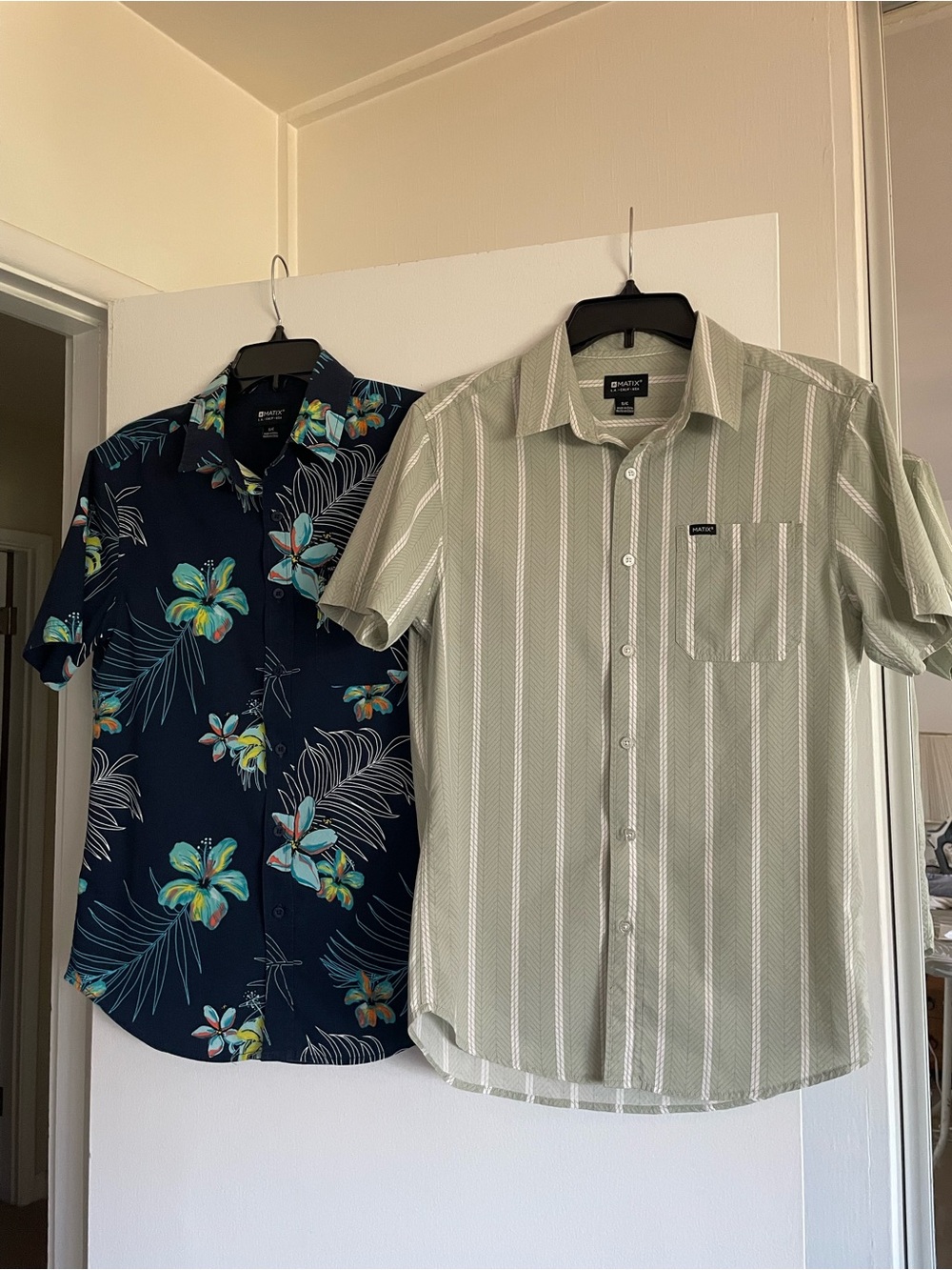 2/$16 Matix Boys Button-Down Shirts. Striped Sage Green And Navy Blue Tropical.